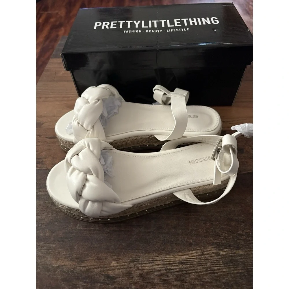 PrettyLittleThing White PU Plait Detail Strappy Espadrille Sandals‎ Size 6 NEW